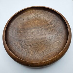 Vintage Mid-Century Modern Round Solid Wood Bowl Tray 9 Inch Brown